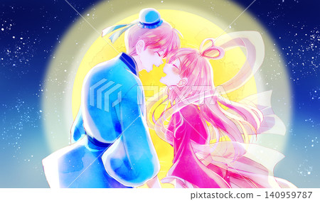 An image of Orihime and Hikoboshi facing each other: a starry sky and the moon. An image of Orihime and Hikoboshi facing each other: a starry sky and the moon. 140959787