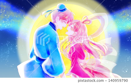 An image of Orihime and Hikoboshi facing each other: a starry sky, the Milky Way, and the moon. An image of Orihime and Hikoboshi facing each other: a starry sky, the Milky Way, and the moon. 140959790