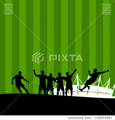 Football Player Silhouettes on Soccer Field Background with Stadium Scene Football Player Silhouettes on Soccer Field Background with Stadium Scene 140959967