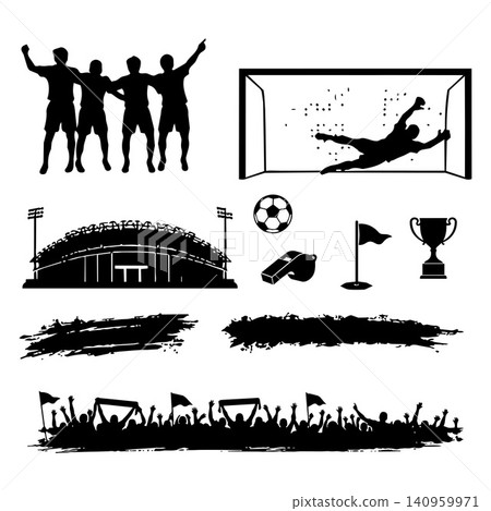 Soccer Silhouette Elements Collection with Stadium, Fans, Goalkeeper and Trophy 140959971