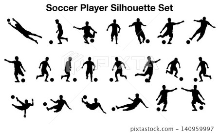 Soccer Player Silhouette Set with Football Action Poses Set 140959997