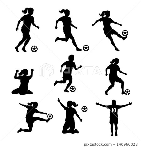 Women Football Player Silhouette Set with Soccer Action Poses Collection 140960028