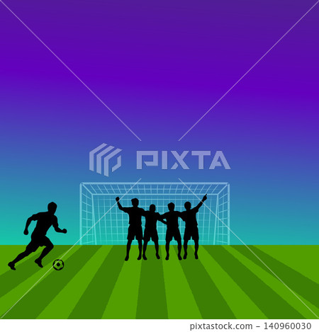 Soccer Free Kick Background with Goalpost and Football Player Silhouette Soccer Free Kick Background with Goalpost and Football Player Silhouette 140960030
