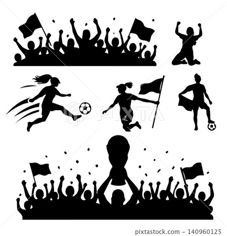 Women Soccer Silhouette Elements Set with Supporters, Celebration and Football Actions Women Soccer Silhouette Elements Set with Supporters, Celebration and Football Actions 140960125