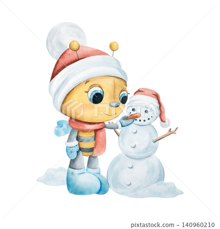 A Christmas watercolor illustration featuring a bee wearing a Santa hat and warm clothes, building a snowman. The New Year's snowman is smiling and eager for a hug. The cute characters are hand-drawn. 140960210