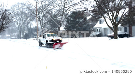 Snow Plow Clears Road in Winter Scene With Heavy Snowfall Snow Plow Clears Road in Winter Scene With Heavy Snowfall 140960290