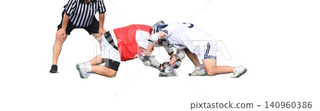 Two lacrosse players facing off for the ball with the official watching during a lacrosse game Two lacrosse players facing off for the ball with the official watching during a lacrosse game 140960386