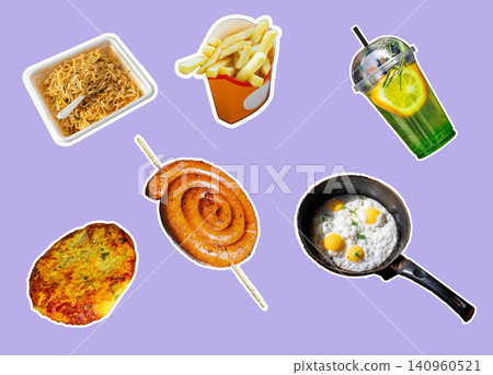 Various fast food items including noodles, fries, pizza, and a cinnamon roll alongside a close-up of a person's midsection against a purple background 140960521