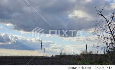 high voltage pylons crossing open field under vast sky minimal industrial landscape  140960617