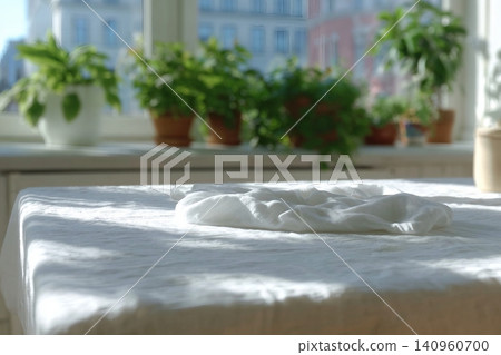 A bright, sun-drenched table with a white cloth in the foreground, and a windowsill with potted plants in the background. A bright, sun-drenched table with a white cloth in the foreground, and a windowsill with potted plants in the background. 140960700