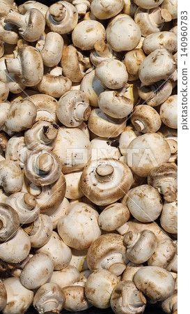 White Button mushroom or Champignon mushroom Agaricus bisporus on wooden plate, Food ingredient, Table top view 140960783