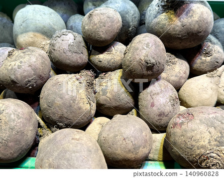 Panning shot of raw organic beetroots with earthy texture. fresh organic beets with rich purple skin, healthy vegetables for healthy eating and cooking, food background. 140960828