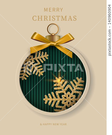 A design featuring paper appliqu and embossing elements a Christmas bauble on a green background, decorated with snowflakes and a bow. A design featuring paper appliqu and embossing elements a Christmas bauble on a green background, decorated with snowflakes and a bow. 140960904