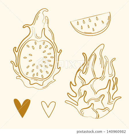 Hand-drawn tropical dragon fruit in line art style for grocery shop, farmers market, summer packaging, ingredients, event decor Hand-drawn tropical dragon fruit in line art style for grocery shop, farmers market, summer packaging, ingredients, event decor 140960982