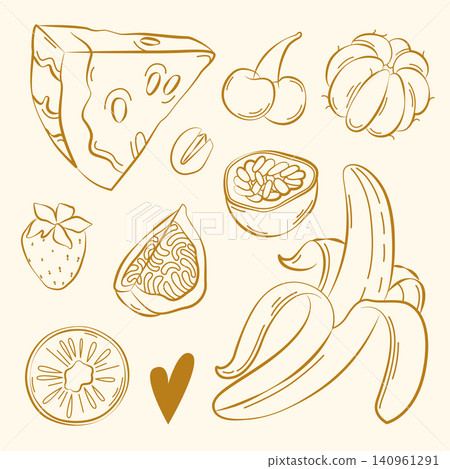 Hand-drawn tropical and summer fruits, banana, watermelon, fig, passion fruit in line art style for packaging, ingredients, menu Hand-drawn tropical and summer fruits, banana, watermelon, fig, passion fruit in line art style for packaging, ingredients, menu 140961291