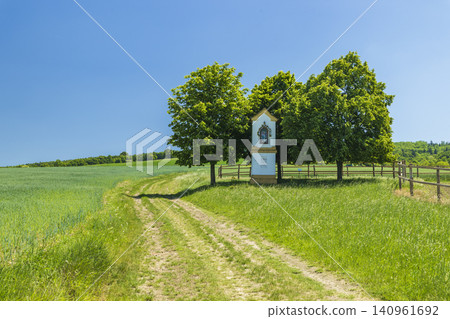 Wayside shrine standing by a dirt road in Knezdub 140961692