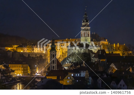 Cesky Krumlov castle tower and old town night view Cesky Krumlov castle tower and old town night view 140961756