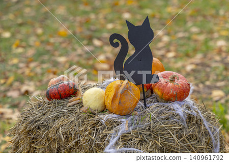 Halloween black cat silhouette and pumpkins decorating a hay bale 140961792