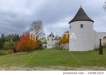Zumberk fortress towers standing in autumn landscape Zumberk fortress towers standing in autumn landscape 140961929