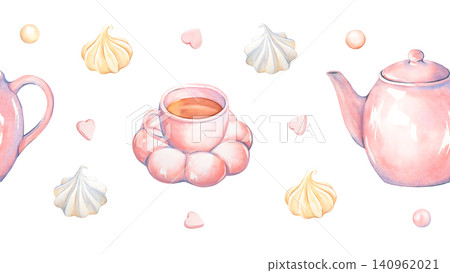 A seamless watercolor border featuring a tea set in soft pink porcelain. The teapot, mug, cup, and breakfast meringue are hand-painted. The isolated composition is in pastel tones and a coquette-style A seamless watercolor border featuring a tea set in soft pink porcelain. The teapot, mug, cup, and breakfast meringue are hand-painted. The isolated composition is in pastel tones and a coquette-style 140962021