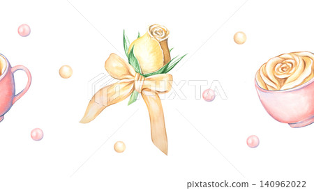 A seamless watercolor border with a tea rose and a pink mug. Lovely hand-drawn beads. Pink ceramic kitchenware. A yellow rosebud with a coquette-style bow. Suitable for menus, prints, and design. 140962022
