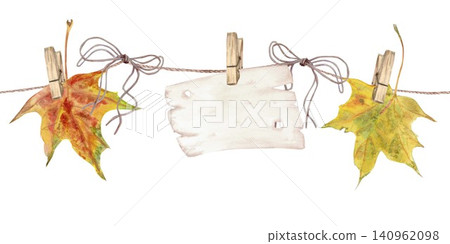 A hand-drawn watercolor seamless frame featuring autumn red and orange maple leaves and a tag hanging on wooden clothespins on a rope, against an isolated background. Simple clip art. A hand-drawn watercolor seamless frame featuring autumn red and orange maple leaves and a tag hanging on wooden clothespins on a rope, against an isolated background. Simple clip art. 140962098