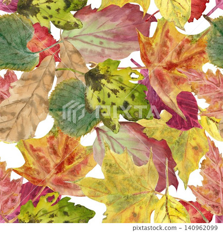 A seamless pattern of red, purple, orange, yellow, and green autumn leaves , hand-painted in watercolor on an isolated background. Simple, vibrant autumn botanical clip art for decorating. 140962099