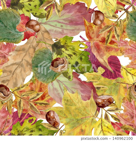 A seamless pattern of red, purple, orange, yellow, and green autumn leaves and chestnuts, hand-drawn in watercolor on an isolated background. Simple, vibrant autumn botanical clip art for decoration 140962100