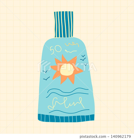 Hand drawn sunscreen SPF bottle doodle vector illustration, Cute sunblock lotion, Summer skincare UV protection flat design for packaging and wellness branding 140962179