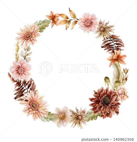 Autumn flower Wreath Fall plants Dahlia Chrysanthemum Gerbera. Watercolor hand drawn floral illustration isolated on white background wedding home textile cosmetic package porcelain crockery template Autumn flower Wreath Fall plants Dahlia Chrysanthemum Gerbera. Watercolor hand drawn floral illustration isolated on white background wedding home textile cosmetic package porcelain crockery template 140962308