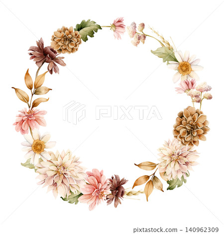 Autumn flowers Wreath. Fall plants Dahlia Chrysanthemum Daisy. Watercolor hand drawn floral illustration isolated on white background wedding home textile cosmetic package porcelain crockery template Autumn flowers Wreath. Fall plants Dahlia Chrysanthemum Daisy. Watercolor hand drawn floral illustration isolated on white background wedding home textile cosmetic package porcelain crockery template 140962309