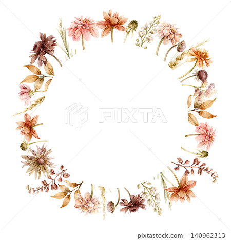 Autumn flower Wreath Dahlia Chrysanthemum Aster Echinacea wildflowers. Watercolor hand drawn floral illustration isolated on white background for wedding design home textile cosmetic package template Autumn flower Wreath Dahlia Chrysanthemum Aster Echinacea wildflowers. Watercolor hand drawn floral illustration isolated on white background for wedding design home textile cosmetic package template 140962313