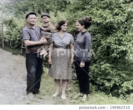 Vintage Family Portrait of Grandparents, Aunt and Grandson Outdoors Vintage Family Portrait of Grandparents, Aunt and Grandson Outdoors 140962510