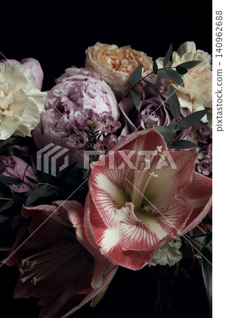 Beautiful bouquet of different flowers on black background. Floral card design with dark vintage effect Beautiful bouquet of different flowers on black background. Floral card design with dark vintage effect 140962688