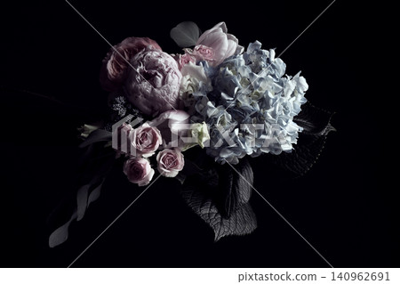 Beautiful bouquet of different flowers on black background. Floral card design with dark vintage effect Beautiful bouquet of different flowers on black background. Floral card design with dark vintage effect 140962691