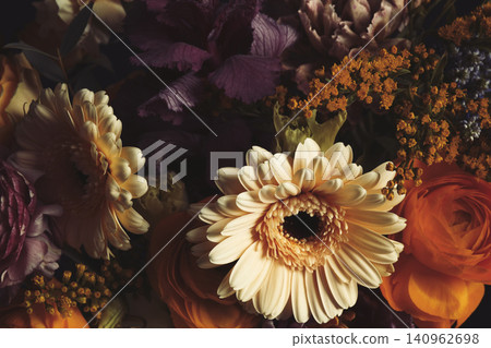 Beautiful bouquet of different flowers, closeup. Floral card design with dark vintage effect 140962698