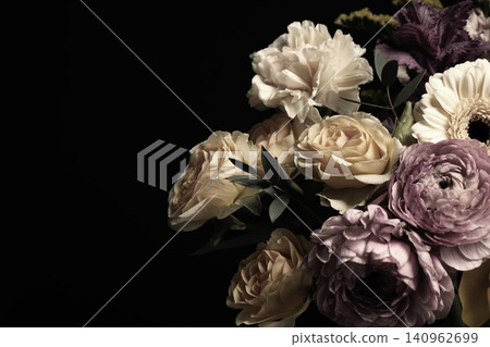 Beautiful bouquet of different flowers on black background, space for text. Floral card design with dark vintage effect Beautiful bouquet of different flowers on black background, space for text. Floral card design with dark vintage effect 140962699