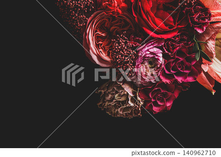 Beautiful bouquet of different flowers on black background, space for text. Floral card design with dark vintage effect Beautiful bouquet of different flowers on black background, space for text. Floral card design with dark vintage effect 140962710