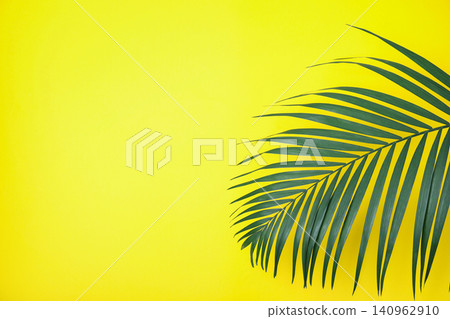 Beautiful lush tropical leaf on yellow background. Space for text Beautiful lush tropical leaf on yellow background. Space for text 140962910