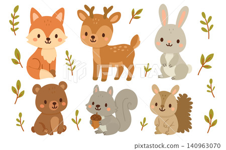 Forest animal cartoon with cute vector nature and bear illustration set. Bird baby isolated with woodland forest flat and design fox deer. Rabbit fox forest with animals squirrel cute Forest animal cartoon with cute vector nature and bear illustration set. Bird baby isolated with woodland forest flat and design fox deer. Rabbit fox forest with animals squirrel cute 140963070