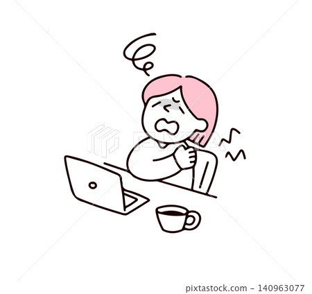 An illustration of a woman suffering from stiff shoulders due to long hours of computer work. An illustration of a woman suffering from stiff shoulders due to long hours of computer work. 140963077