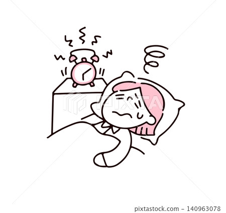 An illustration of a woman whose alarm clock is ringing but who can't get up. 140963078
