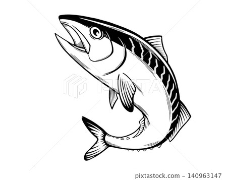 一幅描繪鯖魚在海中游泳的插圖。 140963147