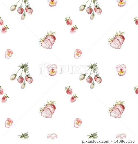 Strawberries seamless pattern watercolor background 140963156