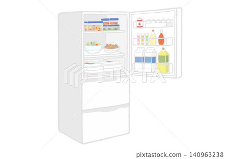 Vector illustration of a refrigerator with the top door open; an illustration of a refrigerator where the contents containing food are visible. Vector illustration of a refrigerator with the top door open; an illustration of a refrigerator where the contents containing food are visible. 140963238