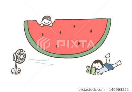 一幅線條畫,描繪了一個女孩在吃西瓜,一個男孩在風扇下乘涼。夏季主題插畫。 一幅線條畫,描繪了一個女孩在吃西瓜,一個男孩在風扇下乘涼。夏季主題插畫。 140963251