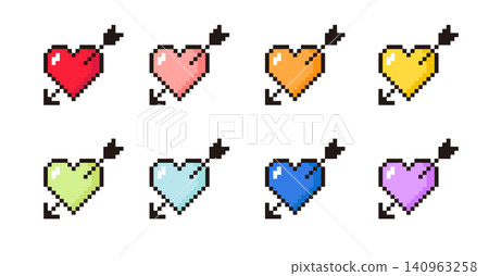 Colorful heart pixel art illustration set: Heart with arrow, Cupid's arrow Colorful heart pixel art illustration set: Heart with arrow, Cupid's arrow 140963258