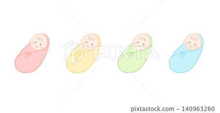 Vector illustration of a baby wrapped in a swaddle; a set of colorful swaddled baby illustrations. Vector illustration of a baby wrapped in a swaddle; a set of colorful swaddled baby illustrations. 140963260