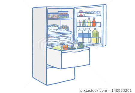 Vector illustration of a blue refrigerator with the top door and bottom drawer open; the contents of the refrigerator, filled with food, are visible through the blue outlines. Vector illustration of a blue refrigerator with the top door and bottom drawer open; the contents of the refrigerator, filled with food, are visible through the blue outlines. 140963261