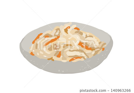 A vector illustration of simple dried daikon radish served on a Japanese-style plate; a Japanese side dish. A vector illustration of simple dried daikon radish served on a Japanese-style plate; a Japanese side dish. 140963266